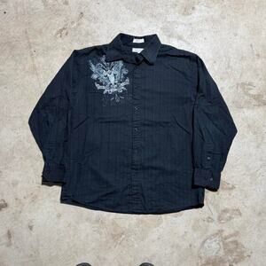 Men's Black Casual Button-Down Shirt with Graphic Detail